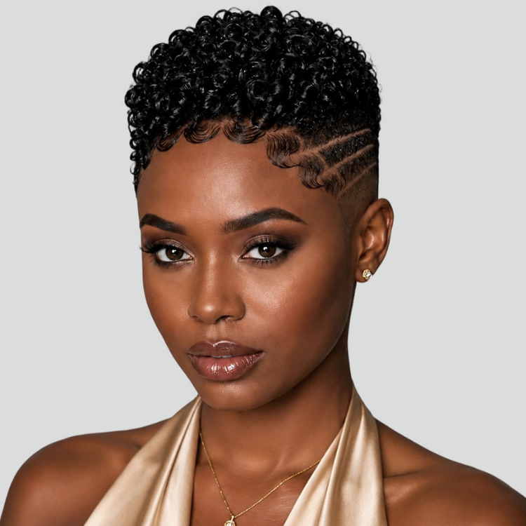Natural Black Short Pixie Cut with Tightly Coiled Curls and Sleek Edges- Rafarada