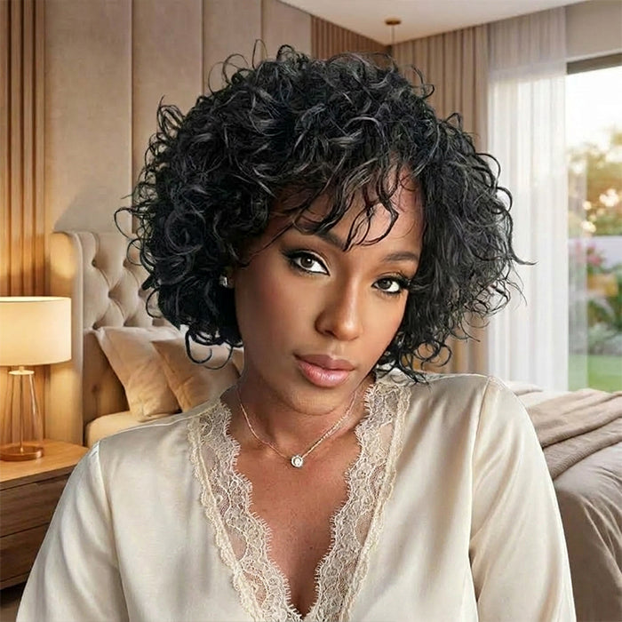 Rose Bouncy Curls Natural Black Color Glueless Lace Front Wig Pre-Plucked Glueless Bouncy Curly Human Hair Wig - Rafarada