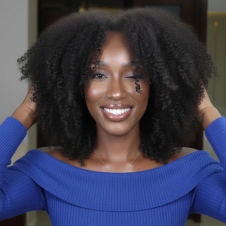 Afro Curl Human Hair Lace Front Wig Natural Black Color With 4C Edges - Rafarada