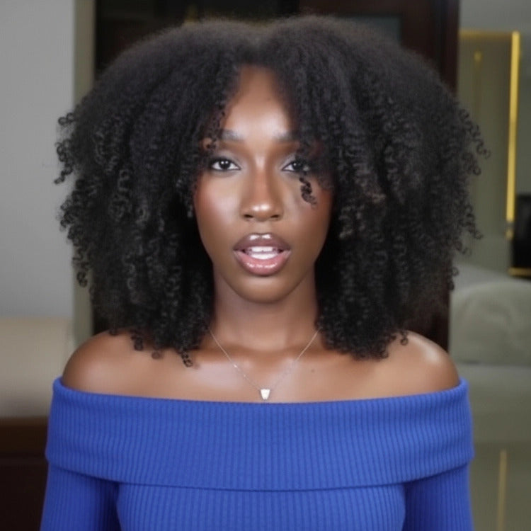 Afro Curl Human Hair Lace Front Wig Natural Black Color With 4C Edges - Rafarada