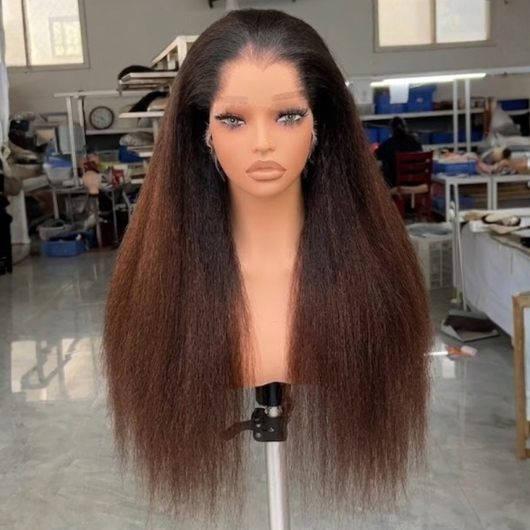 Pre-Plucked Glueless Kinky Straight Human Hair Wig - 13x4 Lace Front Ombre Chocolate Brown Voluminous Texture - Rafarada