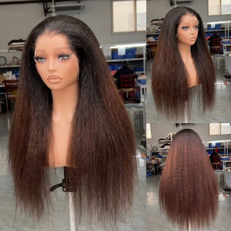 Pre-Plucked Glueless Kinky Straight Human Hair Wig - 13x4 Lace Front Ombre Chocolate Brown Voluminous Texture - Rafarada