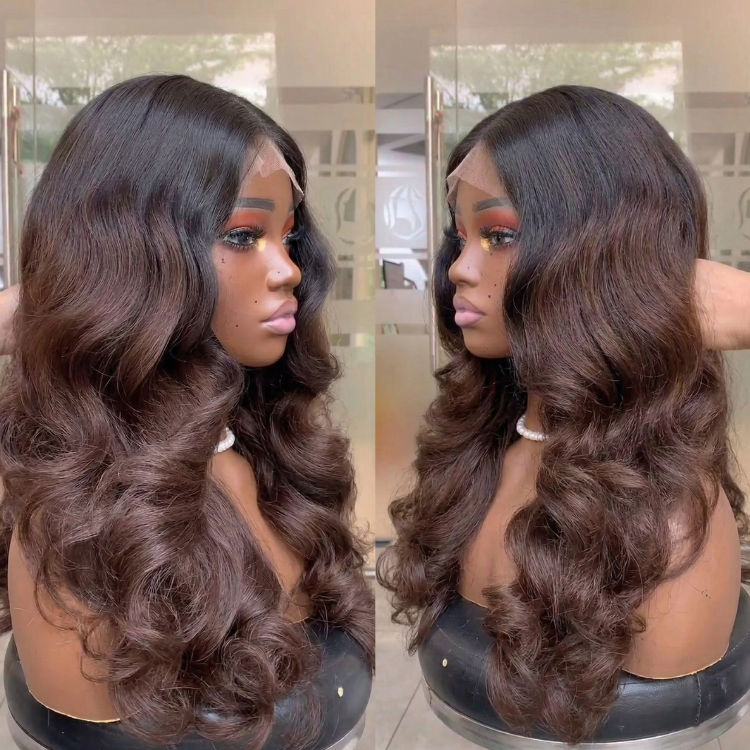 Chocolate Brown Ombre Body Wave Wig with Soft Bouncy Curls ¨C 100% Human Hair Glueless Lace Wig with Natural Hairline - Rafarada