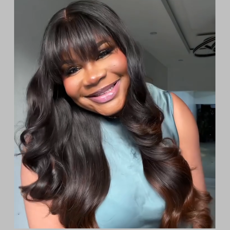 Glueless Body Wave Wig with Bangs Stunning 1B/30 Ombre Brown Bouncy Curls Human Hair - RafaRada Hair