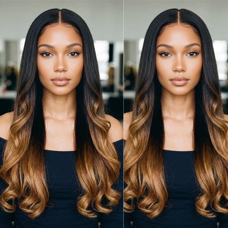 Glueless Ombre Honey Blonde Dark Roots Straight with Barrel Curly Ends Lace Front Wig - High Density HD Transparent Lace Human Hair Wig- Rafarada