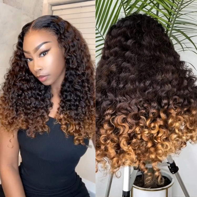 Ombre Color Wig Brown Color Raw Burmese Curly Wave Wig HD Transparent Lace Wigs - Rafarada
