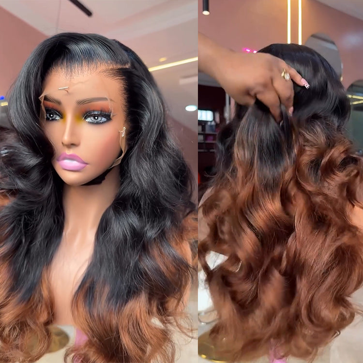Ombre Black and Brown Human Hair Body Wave Wig Lace Front Wig - Rafarada