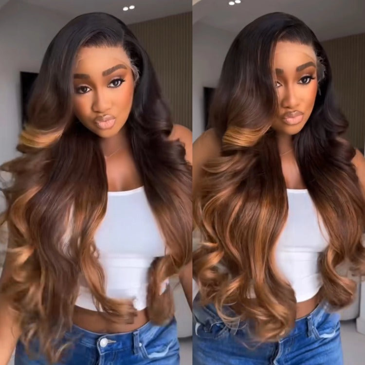 Loose Wave Ombre Brown Color Two-Tone Highlight Human Hair Lace Front Wig- Rafarada