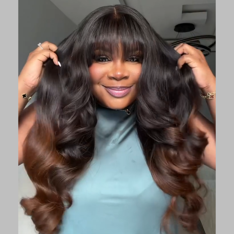 Glueless Body Wave Wig with Bangs Stunning 1B/30 Ombre Brown Bouncy Curls Human Hair - RafaRada Hair