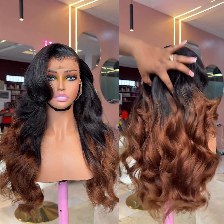 Ombre Black and Brown Human Hair Body Wave Wig Lace Front Wig - Rafarada