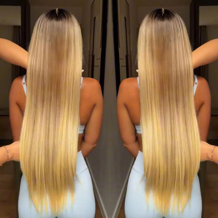 Glueless Ombre Brown to Honey Blonde Highlight Straight Lace Wig Pre-Plucked Natural Hairline Silky Bone Straight Human Hair Wig- Rafarada