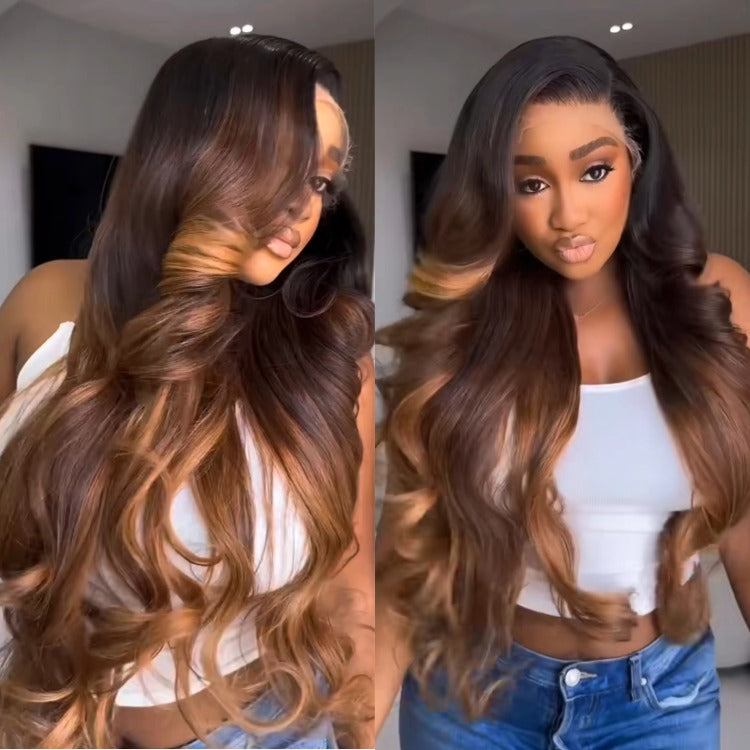 Loose Wave Ombre Brown Color Two-Tone Highlight Human Hair Lace Front Wig- Rafarada