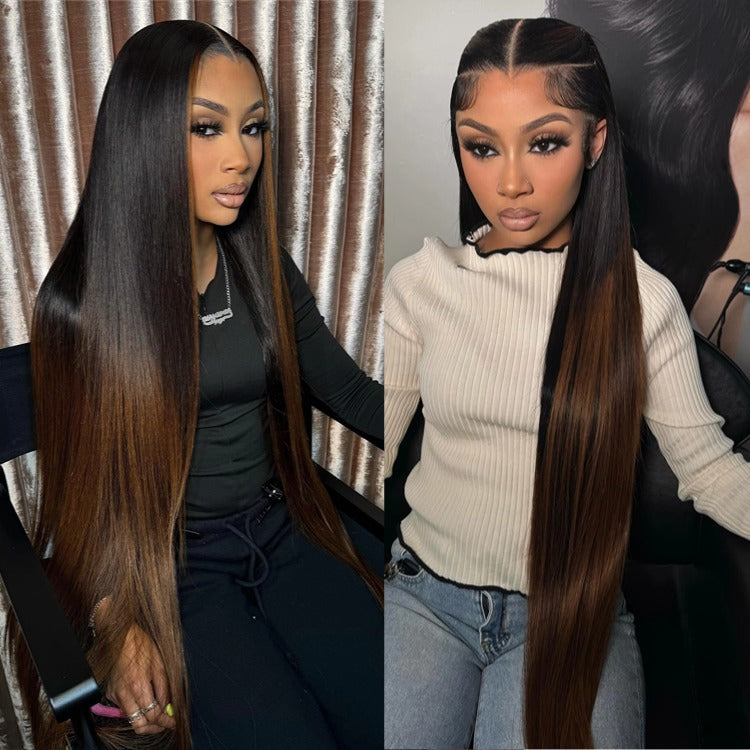 Ombre Dark Brown Highlight Color Straight & Loose Deep Human Hair Wig - Rafarada