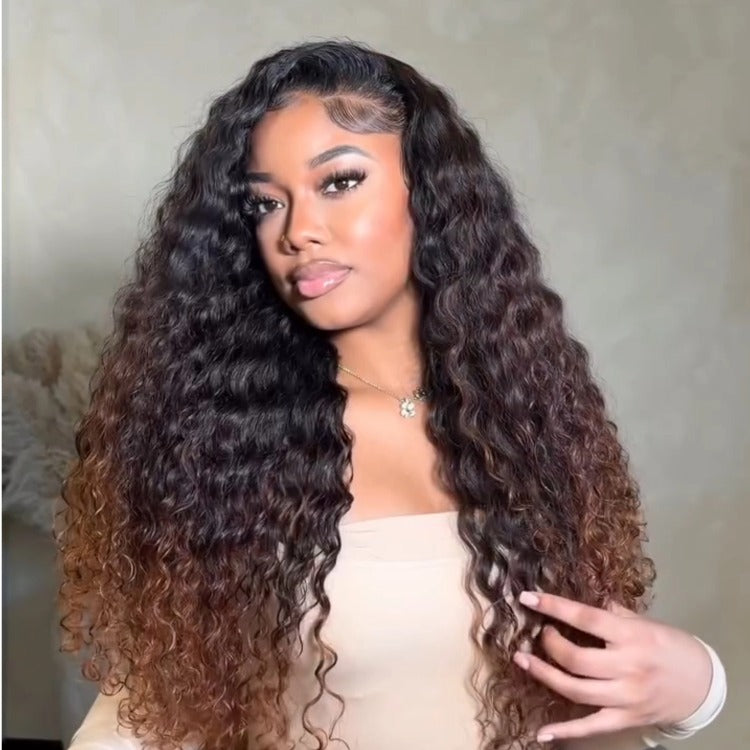 Brown Ombre Water Wave Lace Front Human Hair Wigs Honey Blonde Balayage Wig for Women Pre-Plucked Natural Hairline Deep Curly Wig - Rafarada
