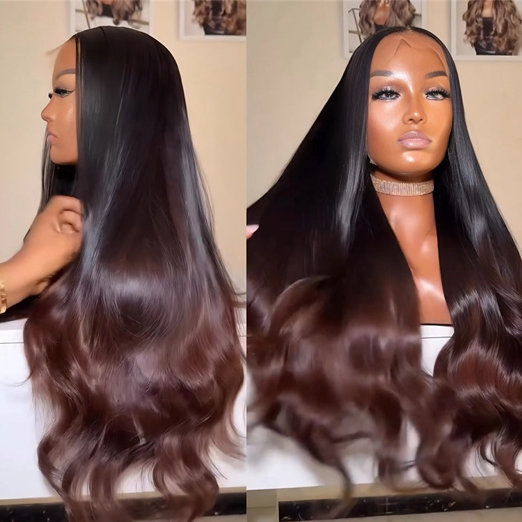 Half Body Human Hair Wig Ombre Light Brown Color Lace Front Wig - Rafarada