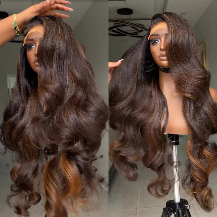 Chocolate Brown Color Body Wave Human Hair Wig HD Lace Front Ombre Colored Wig - Rafarada