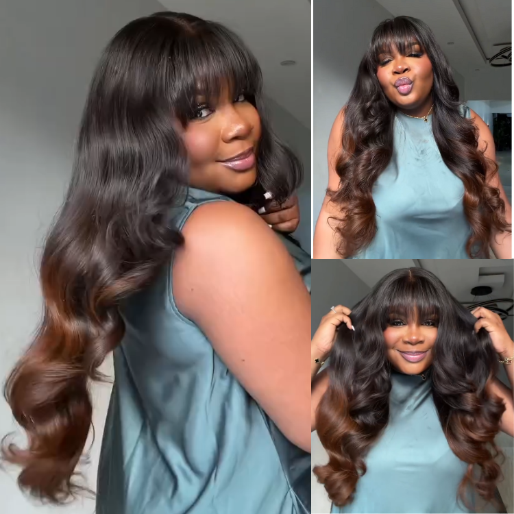 Glueless Body Wave Wig with Bangs Stunning 1B/30 Ombre Brown Bouncy Curls Human Hair - RafaRada Hair