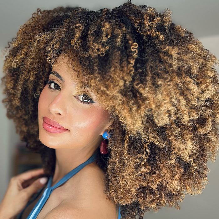 Honey Blonde Highlight Afro Kinky Curly Wig Glueless Fluffy Coily Ombre Color Wigs for Beginner - Rafarada