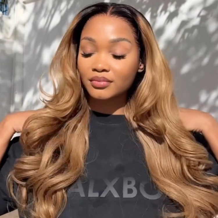 Ombre Black Gold Color Body Wave Wig Pre-Plucked HD Lace Front Human Hair Wig- Rafarada