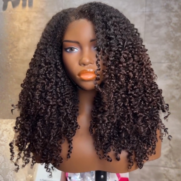 Bouncy Deep Curly Human Hair Wig - Natural Black to Dark Brown Voluminous Kinky Curly Glueless Wig- Rafarada