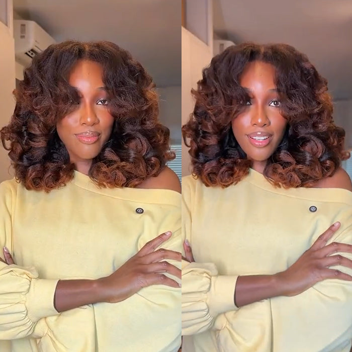 Ombre With Brown Color Yaki Loose Wave Human Hair Wig Volum Lace Front Wig Brown Natural Wig - Rafarada
