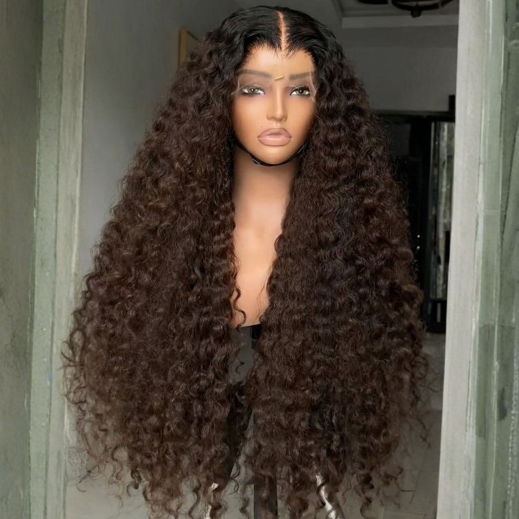 Extra Long Dark Brown Deep Curly Wig Middle Part HD Lace Front Human Hair Wig Ombre Brown High Density Curly Glueless Natural Hairline - Rafarada