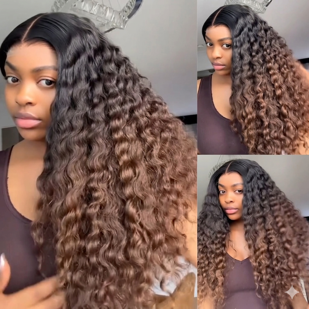 Ombre Highlight Brown Color Curly Human Hair Wig HD Lace Front Glueless Wig For Woman - Rafarada