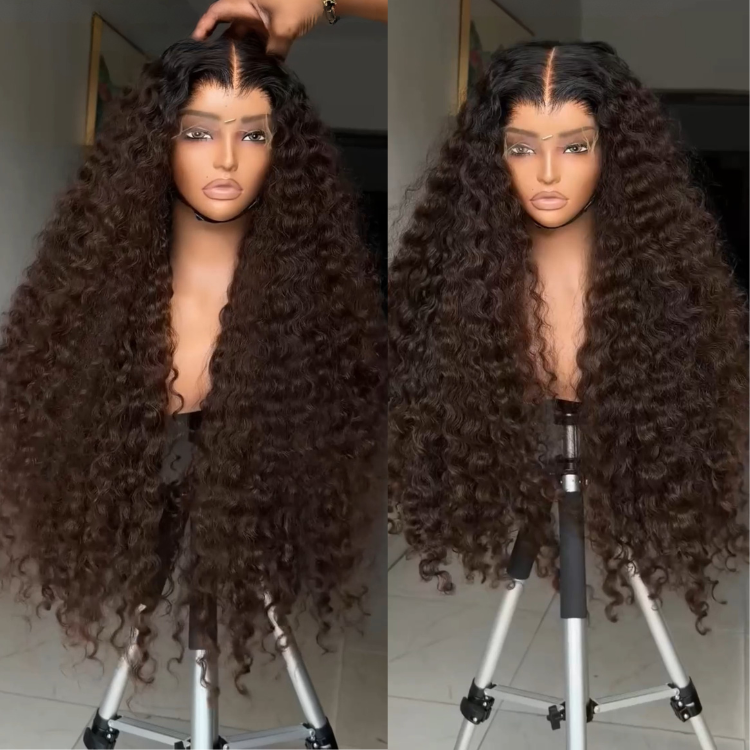 Extra Long Dark Brown Deep Curly Wig Middle Part HD Lace Front Human Hair Wig Ombre Brown High Density Curly Glueless Natural Hairline - Rafarada