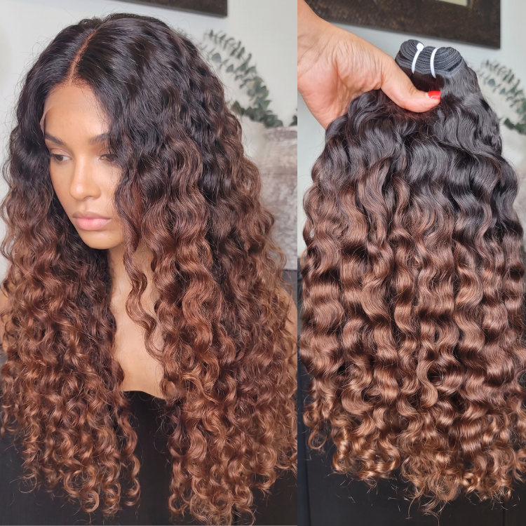 Ombre Brown Water Wave Human Hair Bundles 1B/30 Two Tone Curly Weave 2/3/4 Bundles Extensions- Rafarada