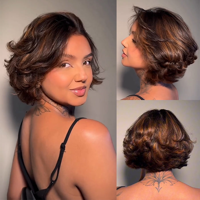 Ombre Brown Color Shot Bob Wig Glueless Lace Front Wig Layered Cut Loose Wave Human Hair Wig End Curl Natural Wig With Bangs - Rafarada