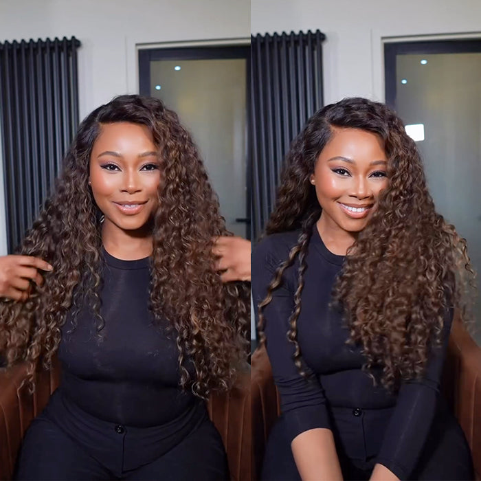 Ombre Dark Brown Color Deep Wave Wig Human Hair Glueless HD Lace Front Wig Pre Plucked Natural Hairline- Rafarada
