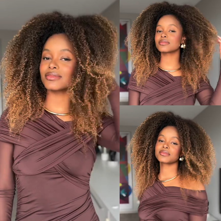 Kinky Curly Half Wig with Ombre Honey Blonde Highlights Color Afro Kinky Curly Human Hair Wigs for Women - Rafarada
