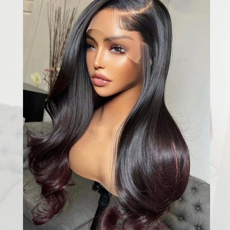 Body Wave Wig Black With 99J Color Wig 100% Human Hair Glueless Wig - Rafarada
