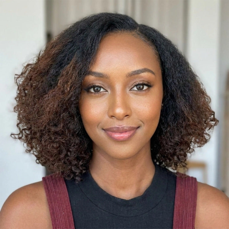 Ombre Black With Brown Color Kinky Curly Wig Glueless Lace Front Human Hair Wigs High Density For Women - Rafarada