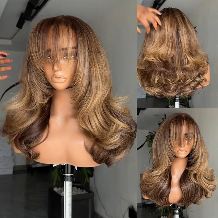Loose Wave Human Hair Wig With Bangs Ombre With Blonde Highlight Color Glueless HD Lace Front Wig Natural Hairline- Rafarada