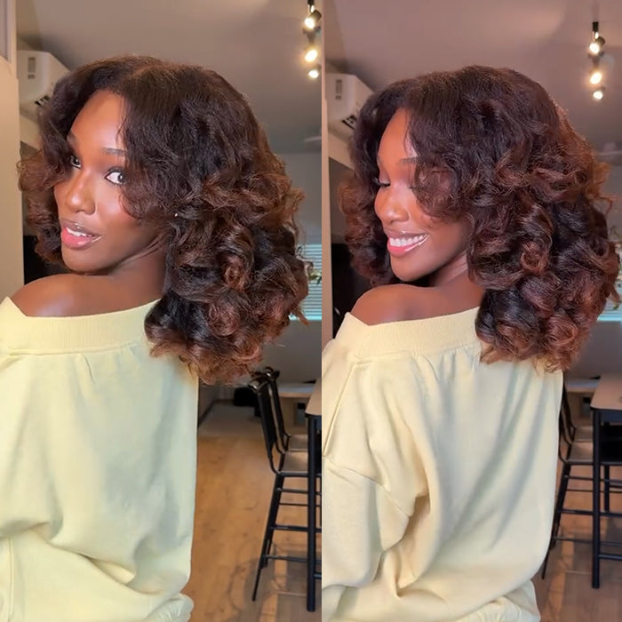 Ombre With Brown Color Yaki Loose Wave Human Hair Wig Volum Lace Front Wig Brown Natural Wig - Rafarada