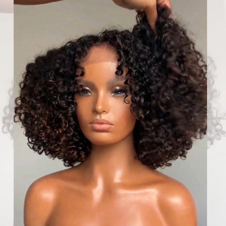 Bouncy Curly Bob Wig Lace Frontal Short Curly Human Hair Wig Ombre Brown Color Glueless Beginner Friendly Wig - Rafarada