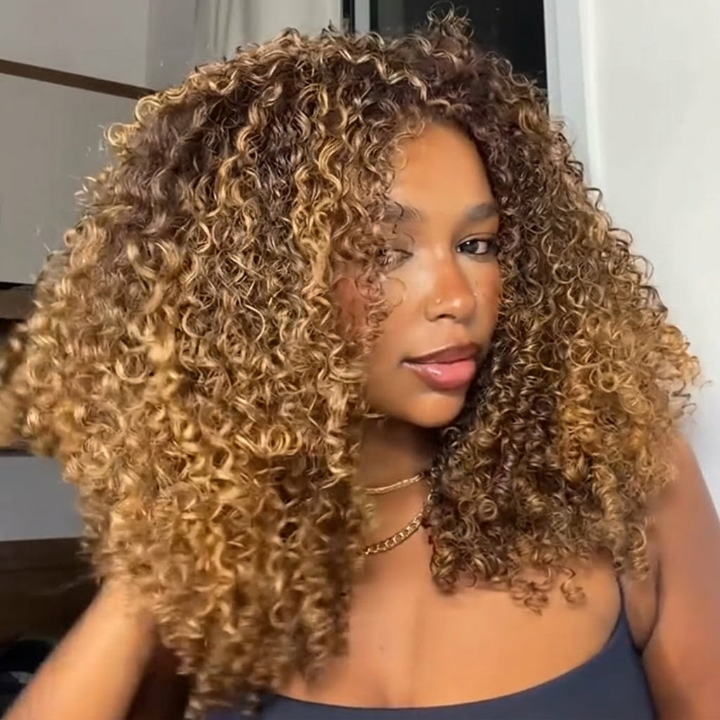 Voluminous Kinky Curly Human Hair Wig Ombre Honey Blonde Highlights Curly with Natural Hairline - Rafarada