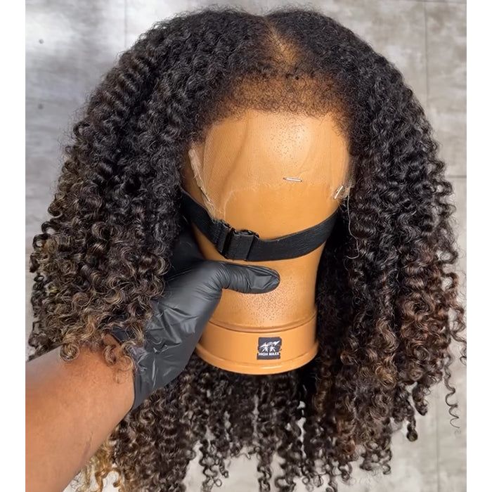 Highlight Kinky Curly Lace Front Human Hair Wigs Ombre Honey Brown Curly Lace Wig Pre-Plucked with 4c Edges Wig - Rafarada
