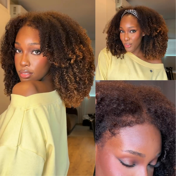 Ombre Brown Color Afro Curly Wig With Bangs Glueless Human Hair Wig 250% Density Wig With 4C Edges Easy To Wear For Woman- Rafarada