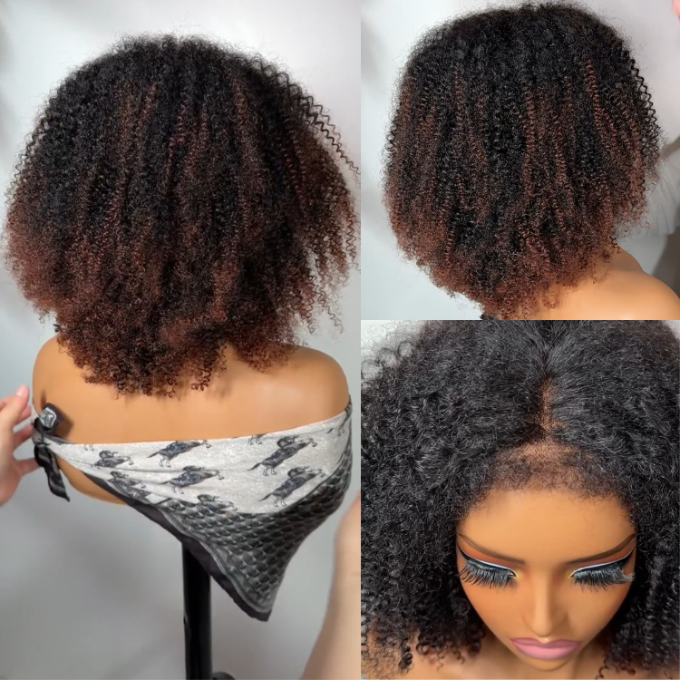 Ombre Brown Afro Kinky Curly Human Hair Wig HD Lace Front with 4c Edges Natural Hairline Wig - Rafarada