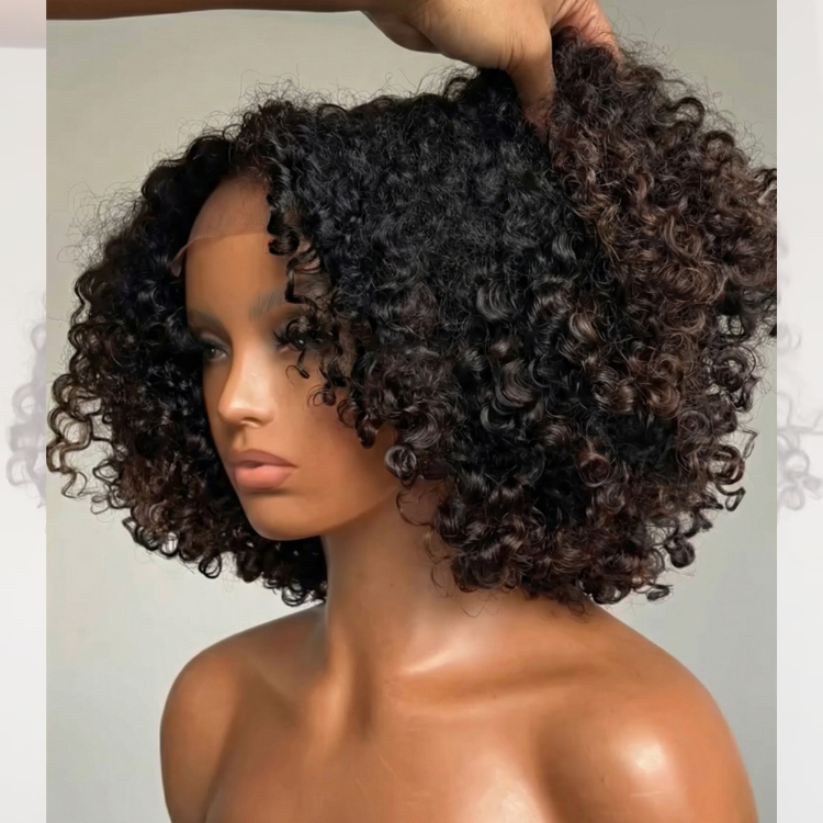 Bouncy Curly Bob Wig Lace Frontal Short Curly Human Hair Wig Ombre Brown Color Glueless Beginner Friendly Wig - Rafarada