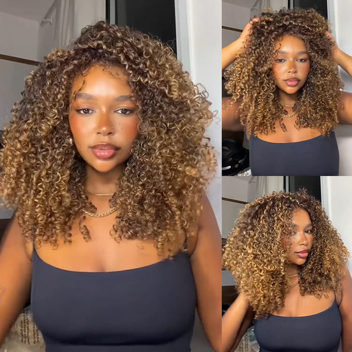Voluminous Kinky Curly Human Hair Wig Ombre Honey Blonde Highlights Curly with Natural Hairline - Rafarada