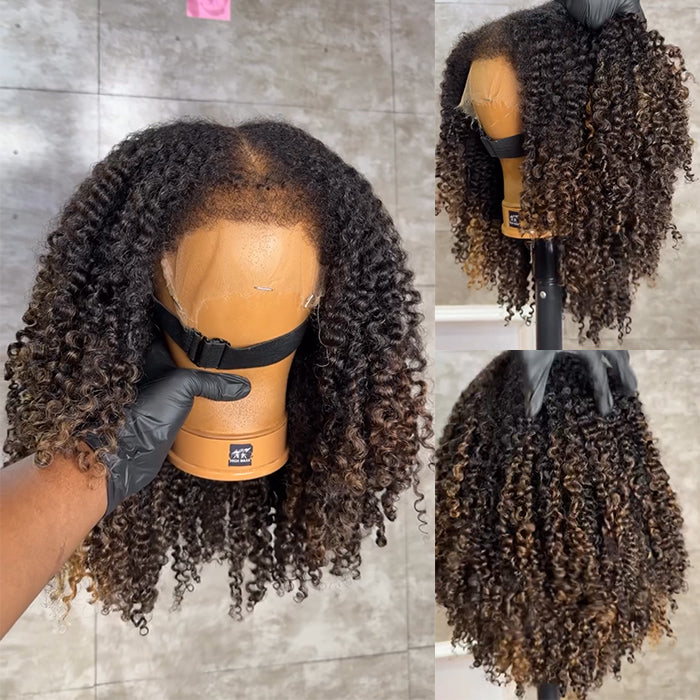 Highlight Kinky Curly Lace Front Human Hair Wigs Ombre Honey Brown Curly Lace Wig Pre-Plucked with 4c Edges Wig - Rafarada