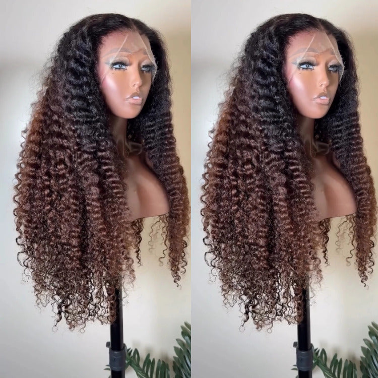Ombre Black With Light Brown Color Deep Curly Lace Front Human Hair Wigs Glueless Pre-Plucked Wig - Rafarada