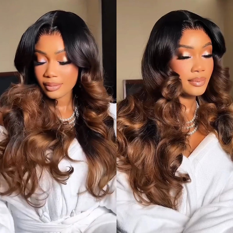 Loose Wave Ombre Dark Brown Lace Front Wig Human Hair with Natural Hairline - Rafarada