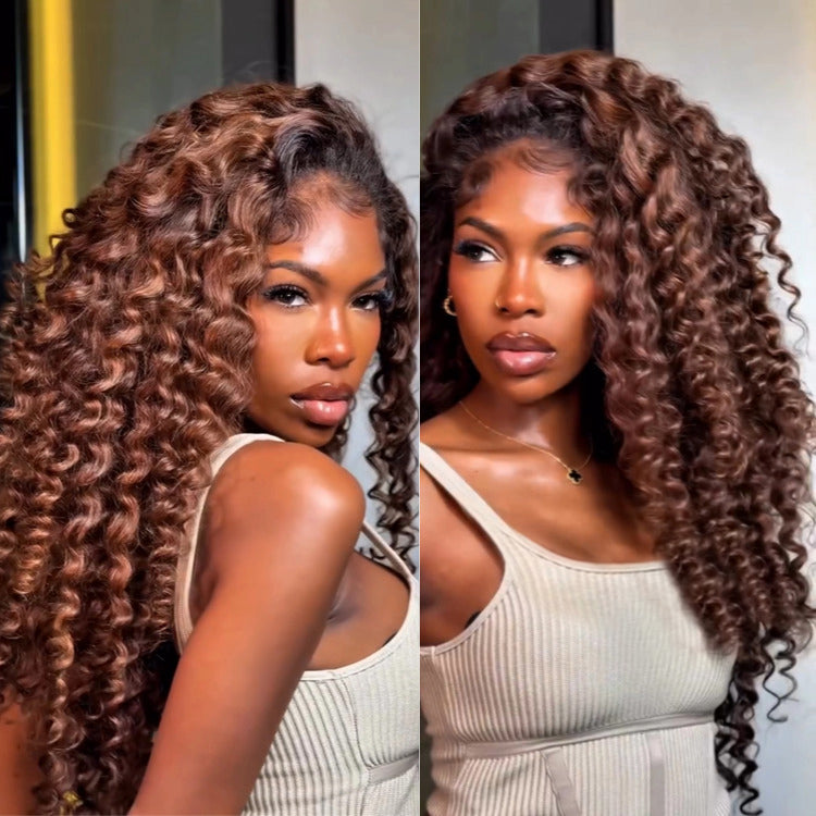 Ombre Light Brown Color Lace Front Wig Deep Curly Wave Human Hair Wig - Rafarada