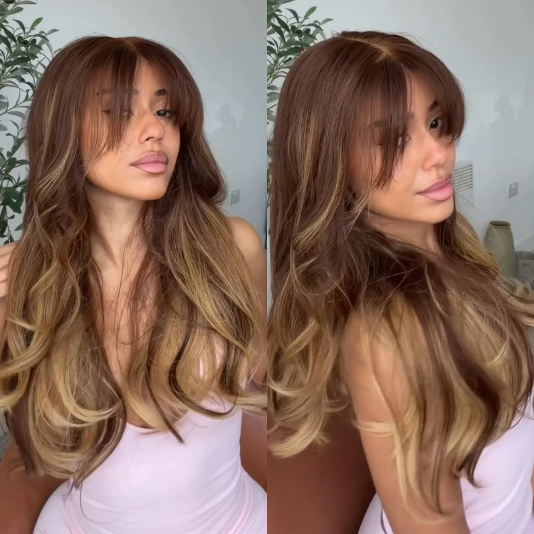 Long Body Wave Human Hair Wig with Curtain Bangs Light Brown Balayage with Blonde Ombre Wig - Rafarada