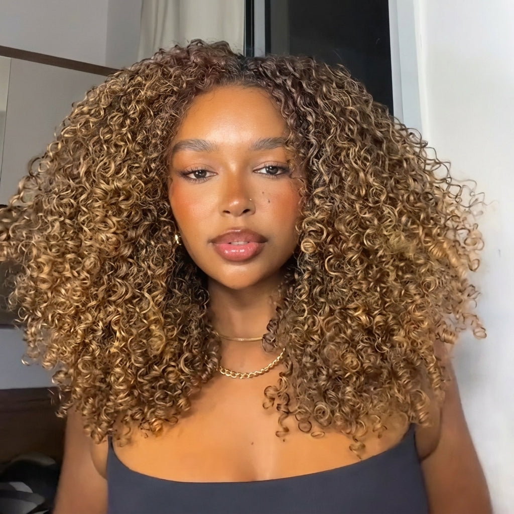 Voluminous Kinky Curly Human Hair Wig Ombre Honey Blonde Highlights Curly with Natural Hairline - Rafarada