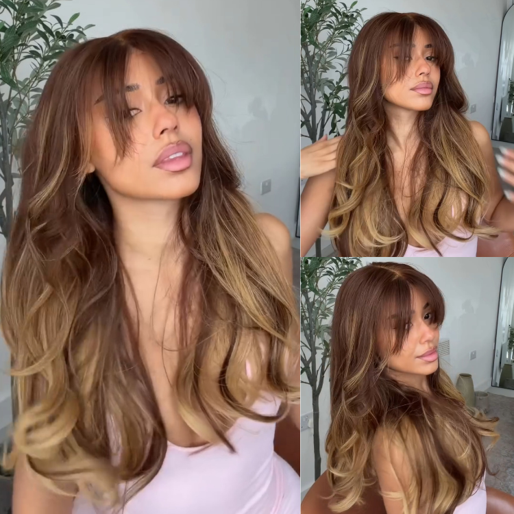 Long Body Wave Human Hair Wig with Curtain Bangs Light Brown Balayage with Blonde Ombre Wig - Rafarada